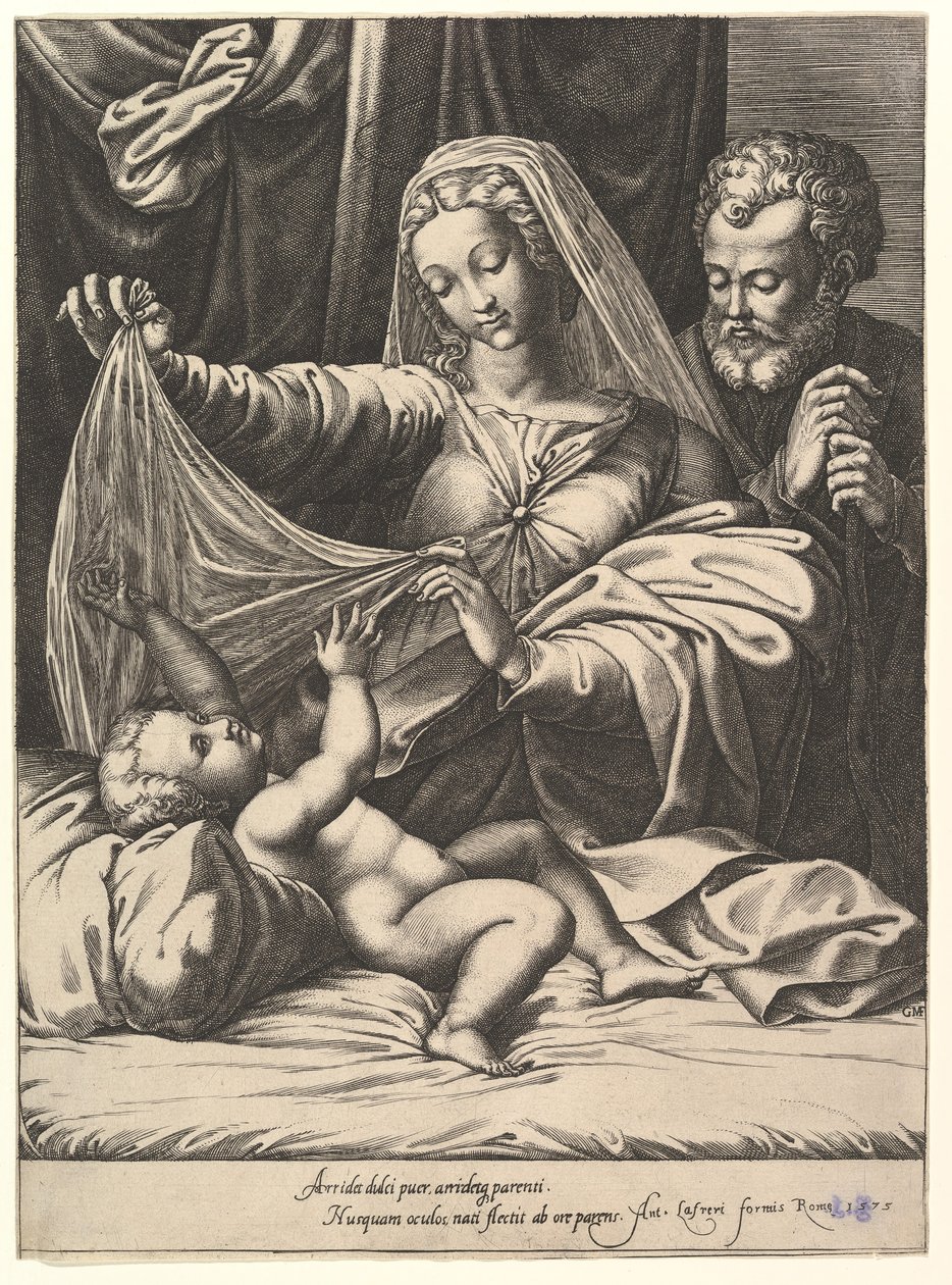 Madonna de Loreto, la Virgen levanta un velo sobre el Niño, que yace en una cama y almohada de Giorgio Ghisi