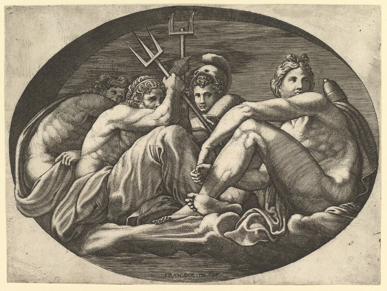 Plutón, Neptuno, Minerva y Apolo, de una serie de ocho composiciones después de Francesco P..., 1560s de Giorgio Ghisi