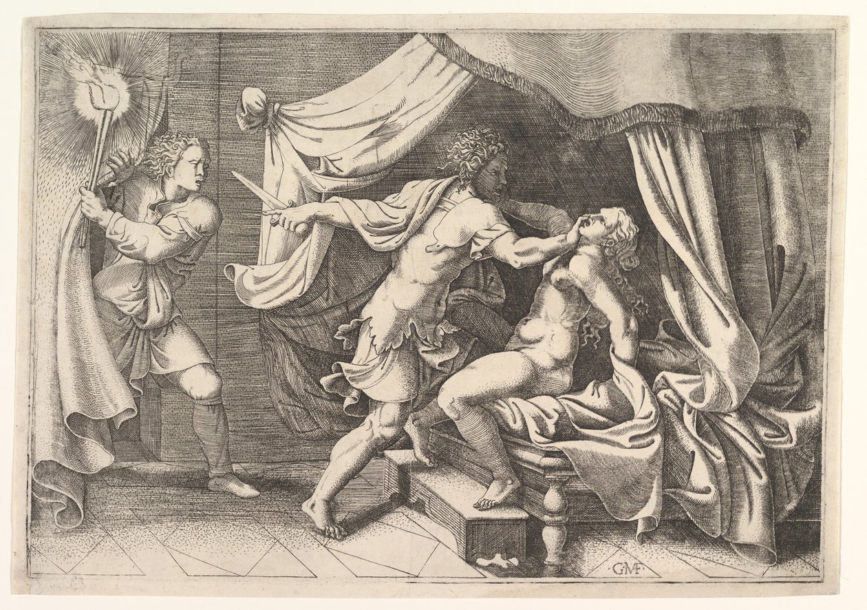 Tarquin atacando a Lucrecia, un sirviente a la izquierda presenciando la escena, ca. 1540 de Giorgio Ghisi