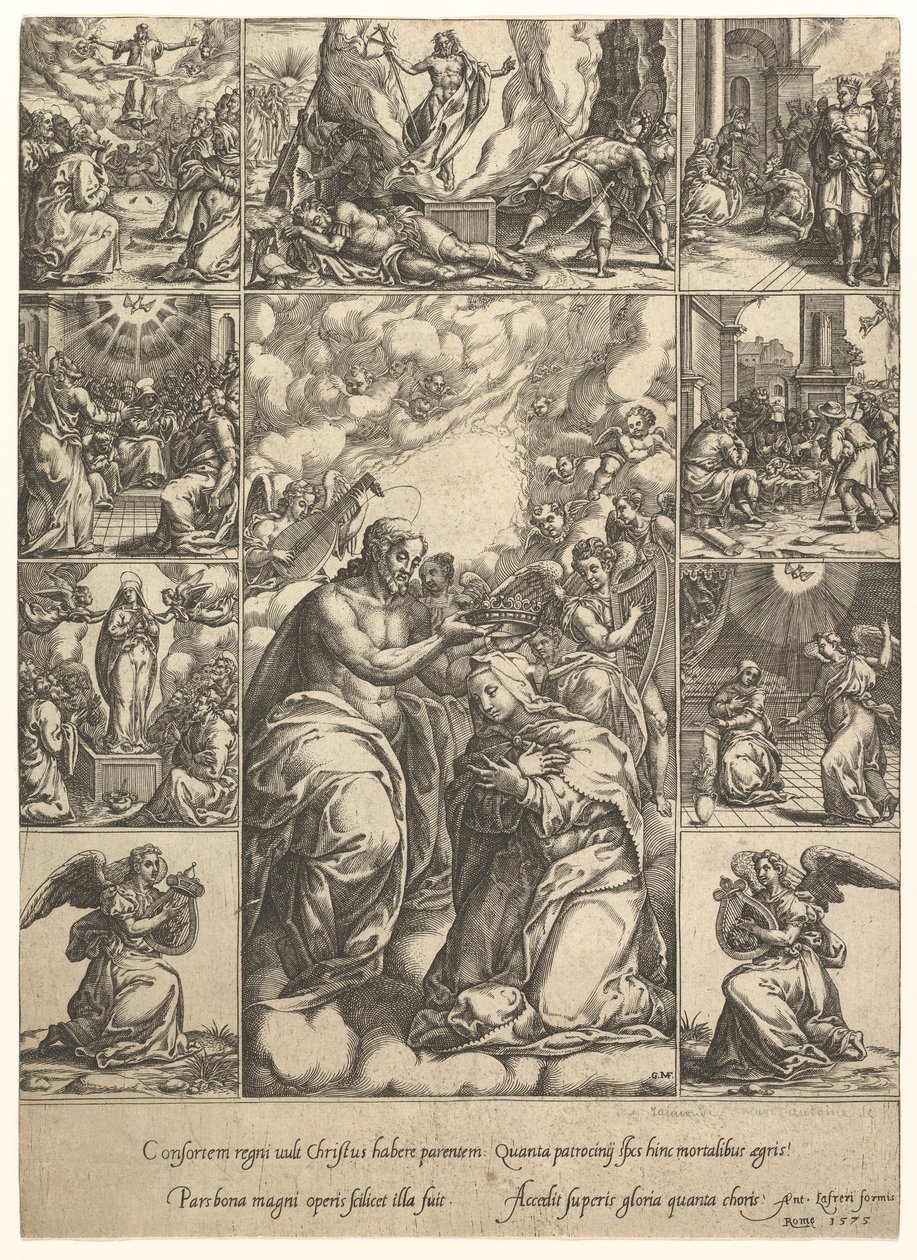La Coronación de la Virgen, rodeada de nueve viñetas con escenas de la vida de... de Giorgio Ghisi