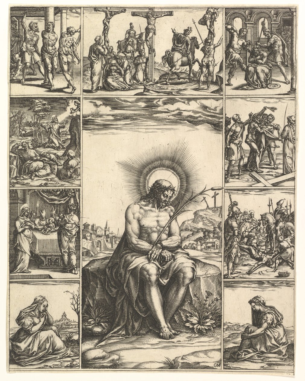 El hombre de los dolores, una imagen de Cristo rodeado de nueve viñetas que representan escenas de..., por 1575 de Giorgio Ghisi