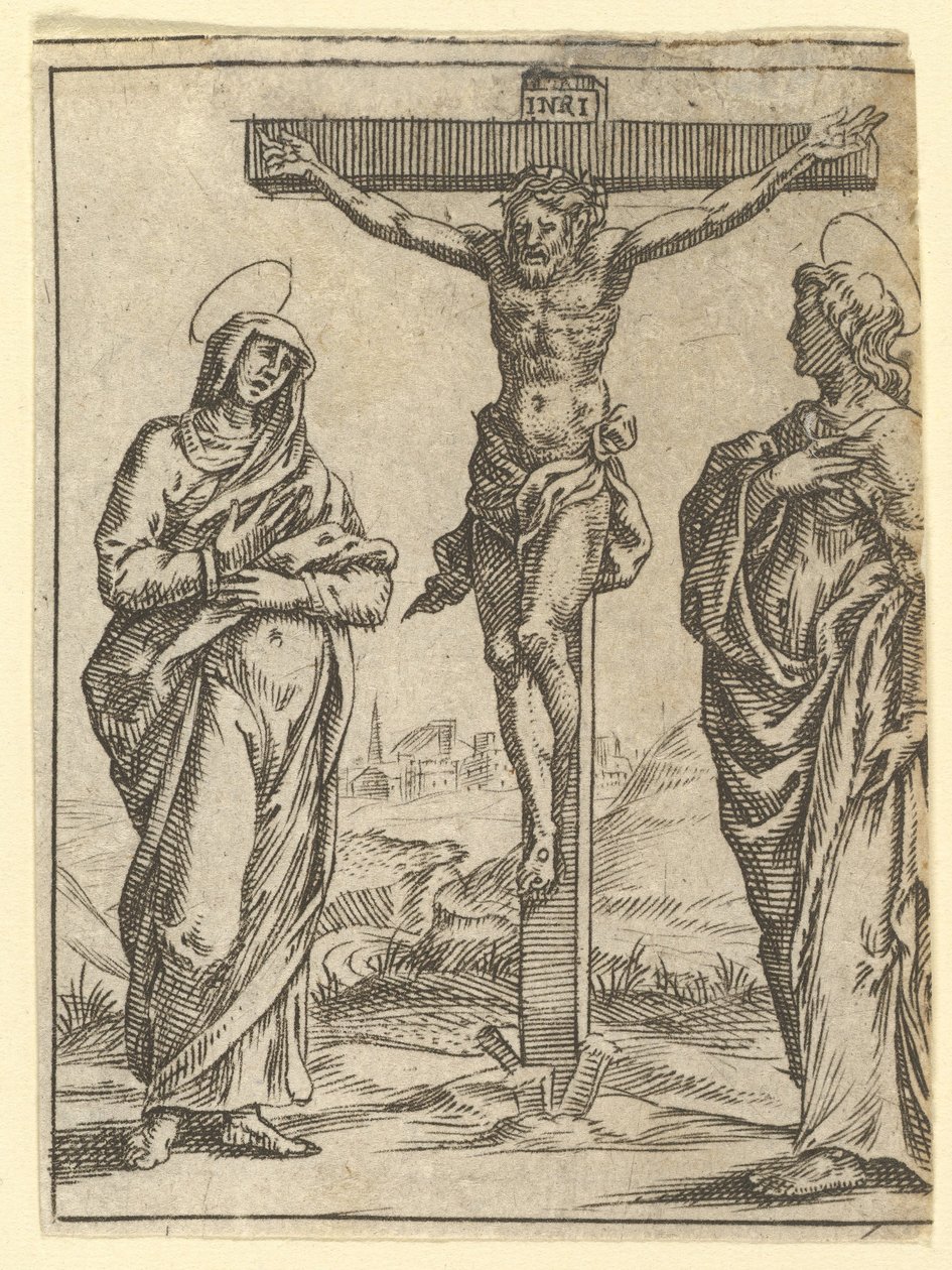 La Virgen de los Dolores: La Crucifixión, uno de los nueve compartimentos circundantes del V..., antes de 1575 de Giorgio Ghisi