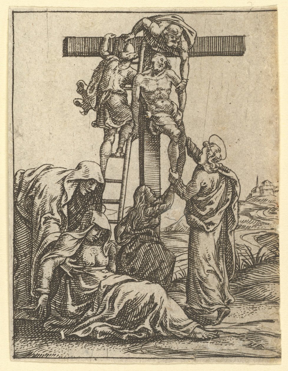 La Virgen de los Dolores: El Descendimiento de la Cruz, uno de los nueve compartimentos circundantes, ca. 1575 de Giorgio Ghisi