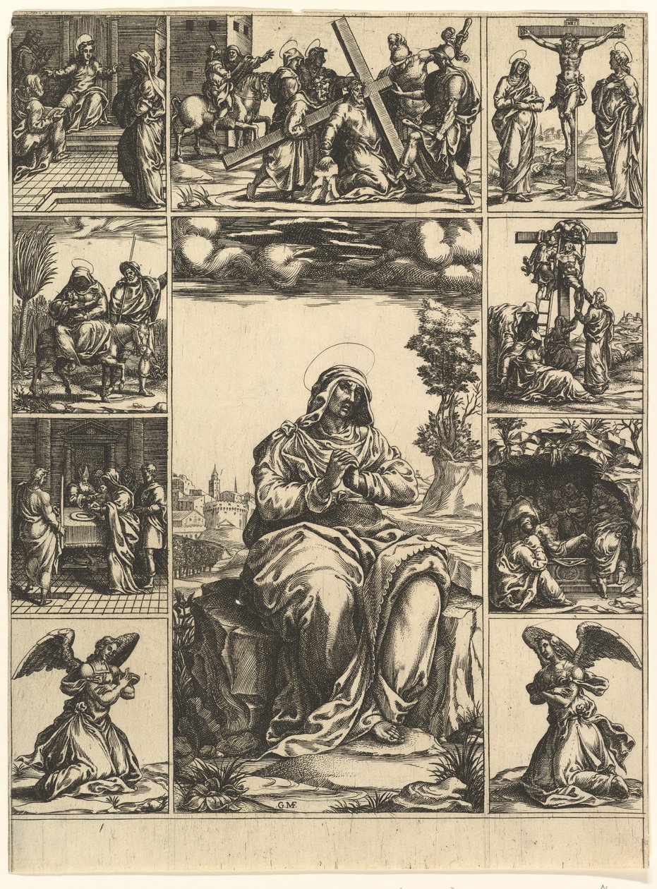 La Virgen de los Dolores, una imagen de la Virgen María rodeada de nueve viñetas de Giorgio Ghisi