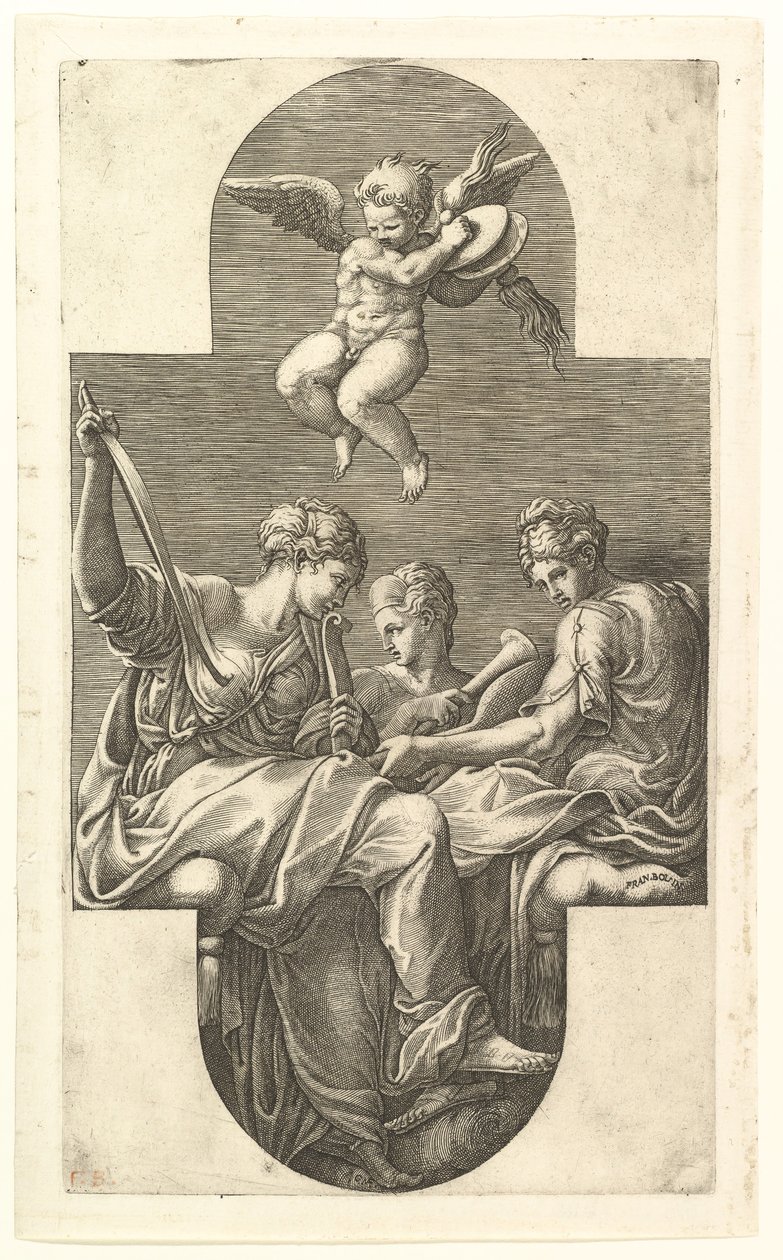 Tres musas y un putto con platillos, una composición cruciforme, de una serie de ocho com..., 1560s de Giorgio Ghisi
