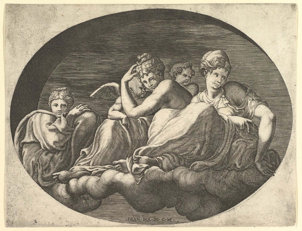 Venus y Cupido, dos otras diosas y un putto, de una serie de ocho composiciones af..., 1560s de Giorgio Ghisi