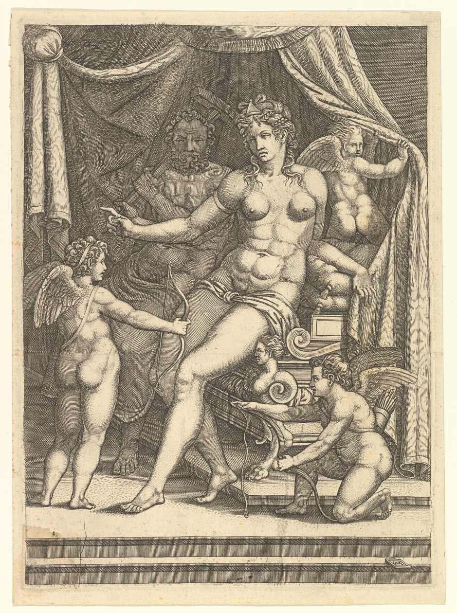 Venus y Vulcano sentados en una cama y tres putti, mediados de la década de 1550 de Giorgio Ghisi