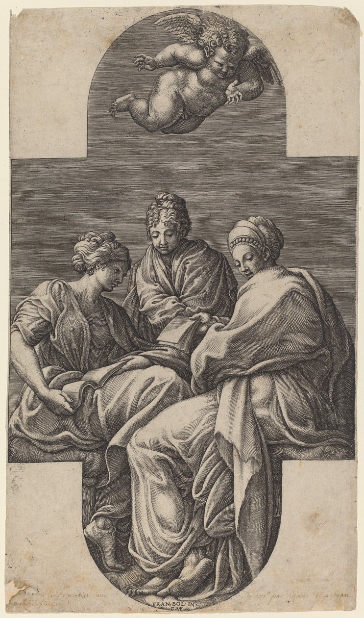 Tres musas y un putto gesticulando de Giorgio Ghisi after Francesco Primaticcio