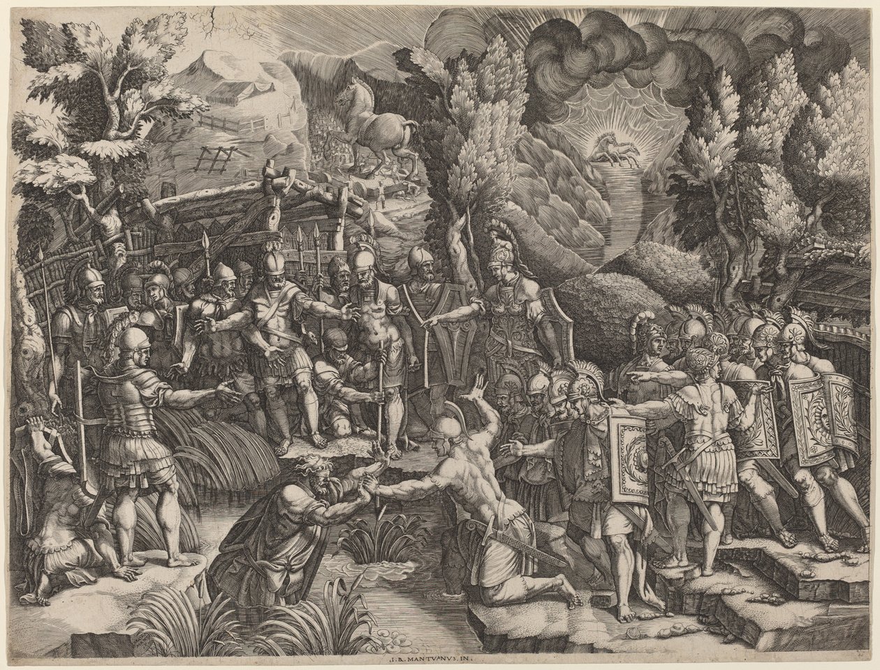 Sinon engañando a los troyanos de Giorgio Ghisi after Giovanni Battista Scultori