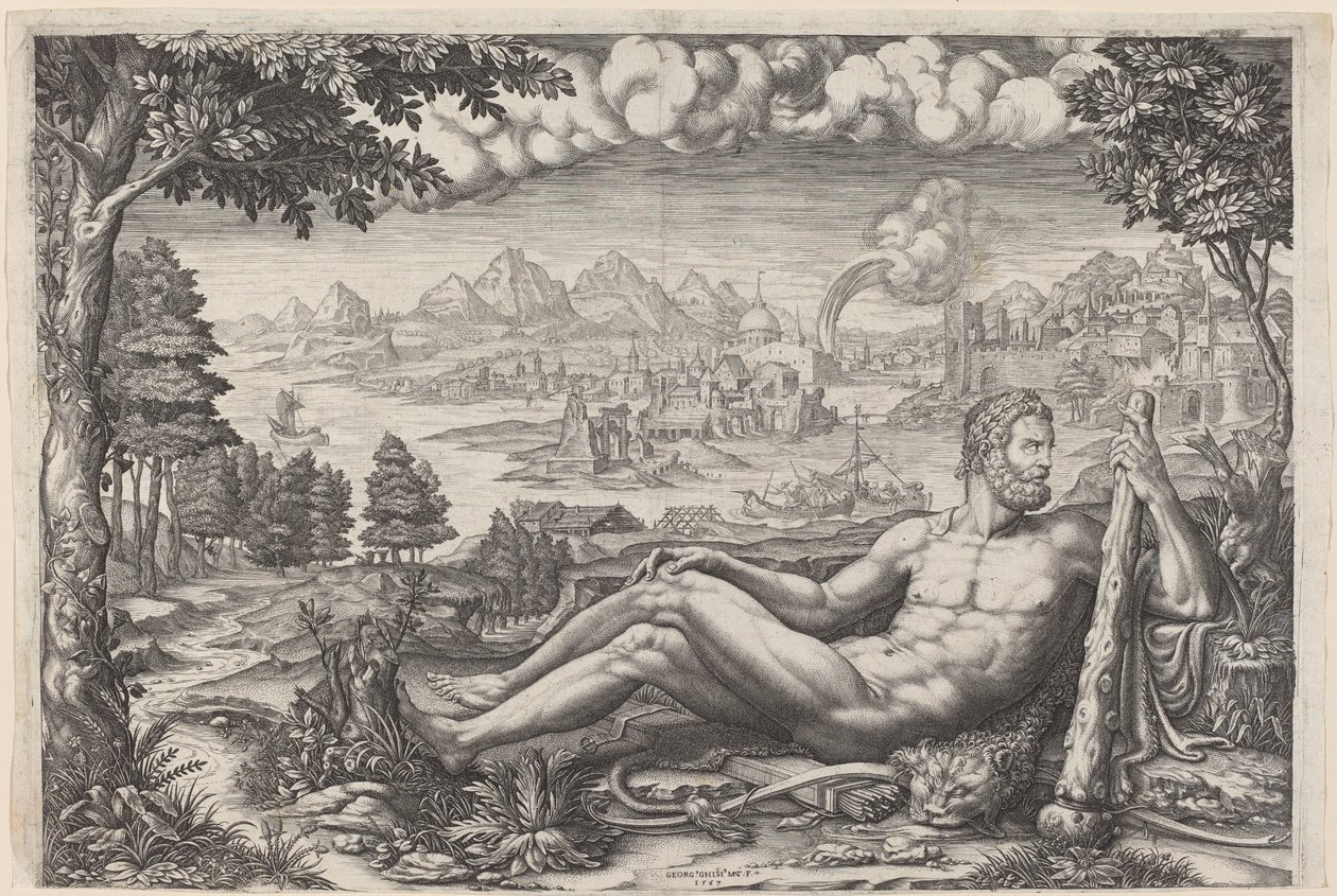 Hércules descansando de sus labores de Giorgio Ghisi after Giulio Romano