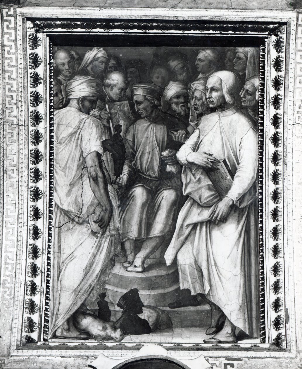 Cosimo de Medici sentado entre filósofos y artistas en la Sala de Cosimo el Viejo de Giorgio Vasari