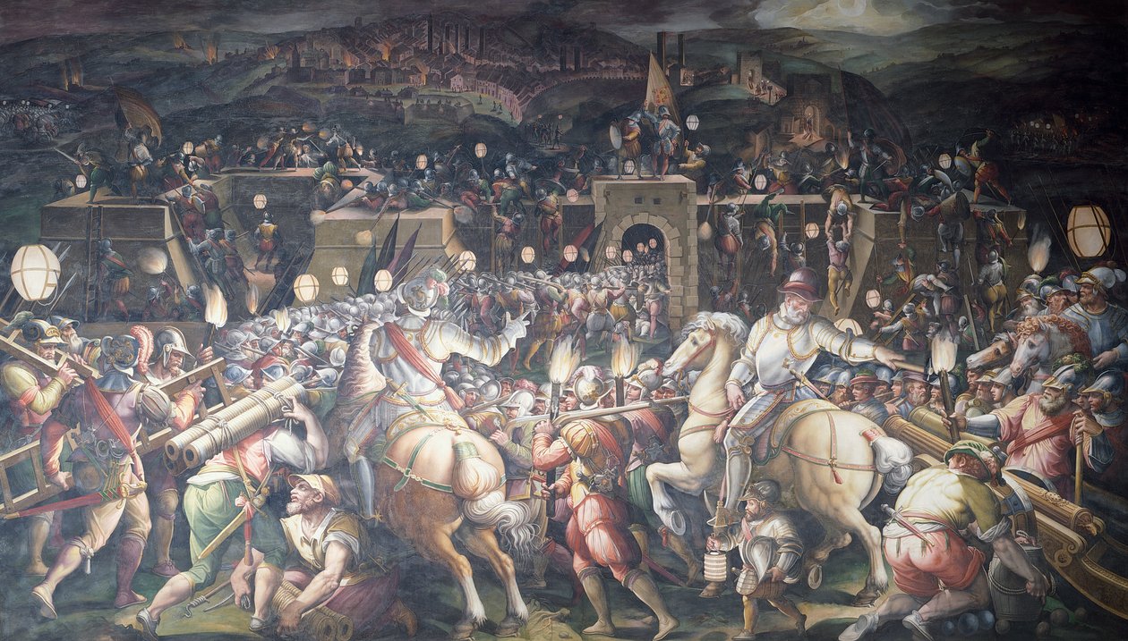 Italia, Florencia, Palazzo Vecchio (Palacio Viejo), Salone dei Cinquecento, Toma de Fuerte cerca de Puerto Camollia en Siena de Giorgio Vasari