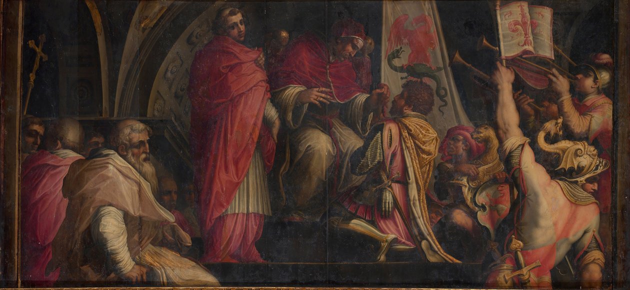El Papa Clemente IV entrega su insignia a los capitanes del Partido Güelfo, 1563-1565 de Giorgio Vasari
