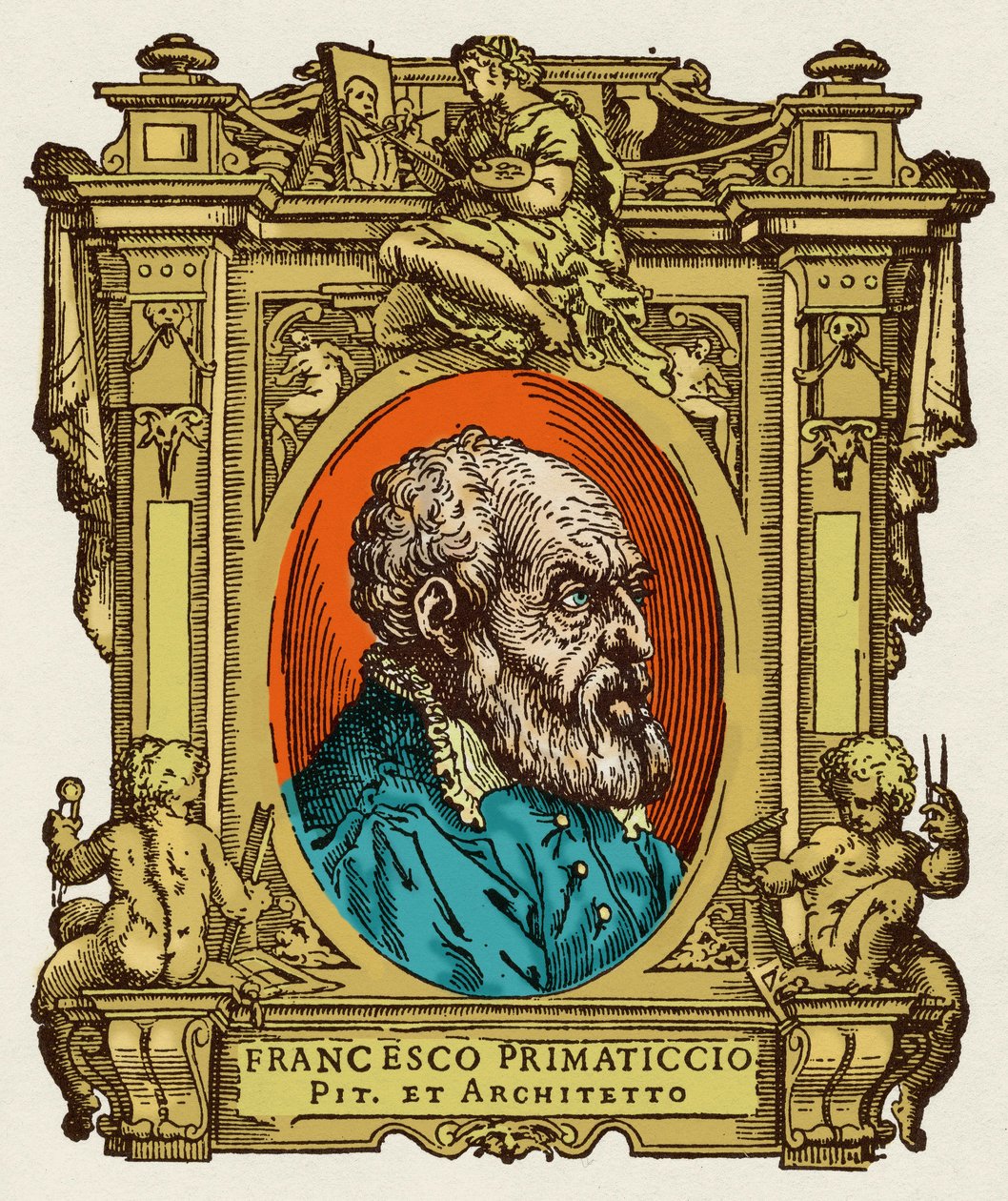 Retrato de Francesco Primaticcio conocido como El Primatice (1504-1570) pintor, escultor y arquitecto. Fue miembro de la Escuela de Fontainebleau. Grabado del tratado "Vidas de los más excelentes pintores, escultores y arquitectos" (Le Vite de