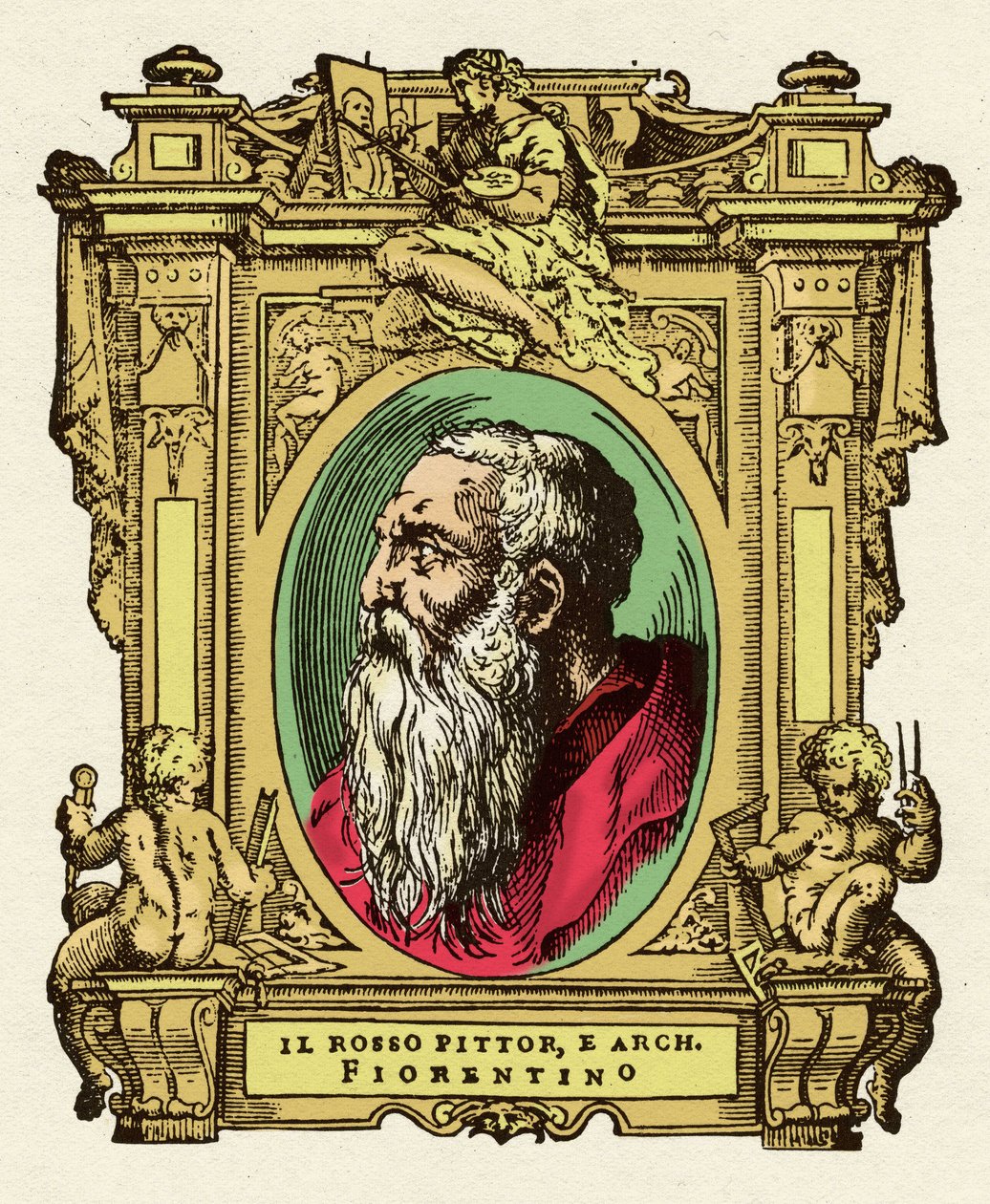 Retrato del pintor Giovanni Battista di Jacopo (Rosso Fiorentino) (1495-1540). Fue miembro de la Escuela de Fontainebleau. Grabado del tratado "Vidas de los más excelentes pintores, escultores y arquitectos" de Giorgio Vasari