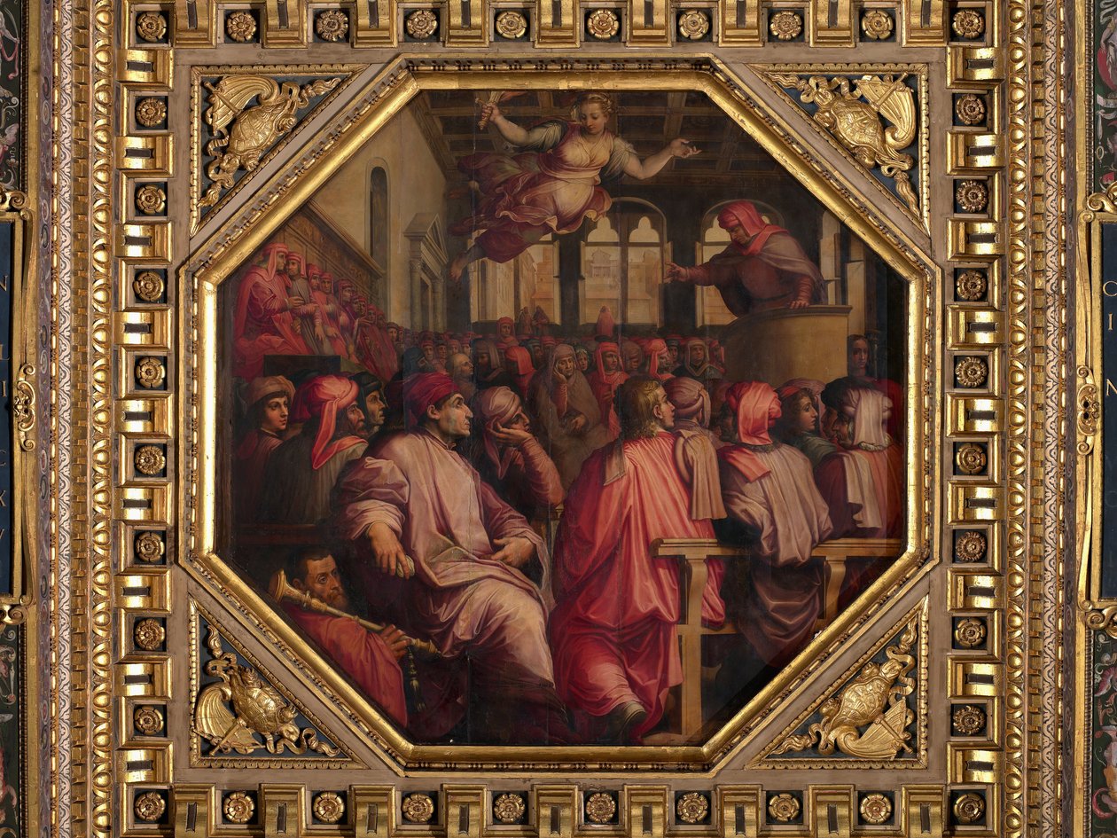 Discurso de Antonio Giacomini por la guerra contra Pisa en la Sala dei Duecento de Giorgio Vasari