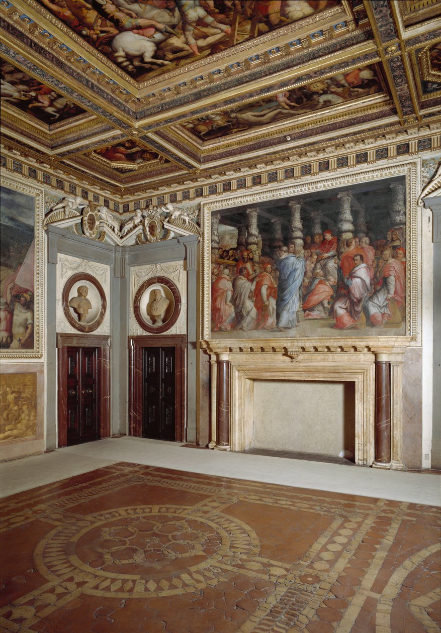 Vista de la sala del papa León X con una pintura que lo representa durante la elección de cardenales de Giorgio Vasari