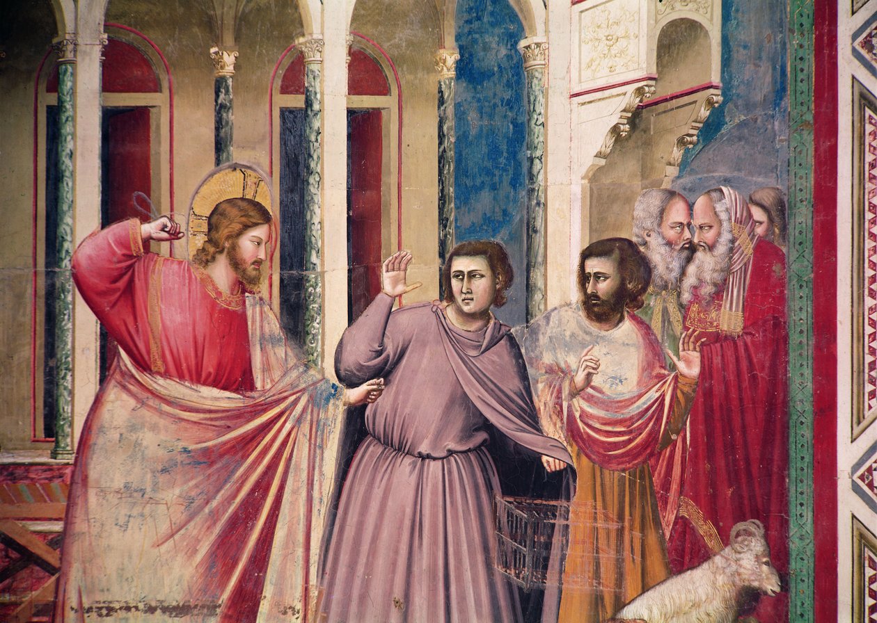 Jesús expulsando a los mercaderes del templo, detalle de Cristo y dos mercaderes, c.1303-05 (detalle) de Giotto di Bondone