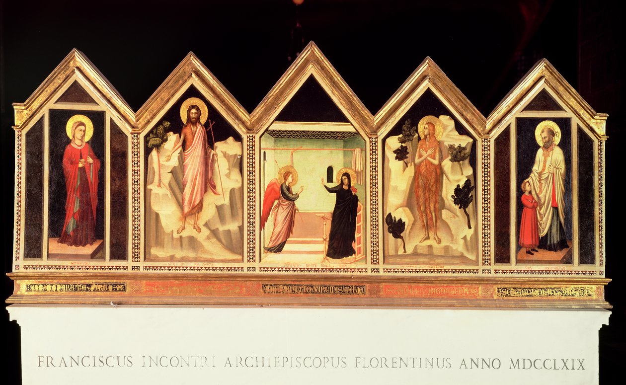 Políptico de Santa Reparata, de izquierda a derecha: Santa Reparata, San Juan Bautista, Anunciación, santo no identificado, San Nicolás (reverso) de Giotto di Bondone