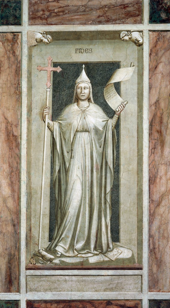 Fe, figura femenina sosteniendo la Cruz y un pergamino símbolo de la Verdad Revelada, mientras destruye un ídolo y se encuentra sobre símbolos de la Cábala, ciclo de frescos Los Vicios y las Virtudes, después de la restauración, Capilla Scrovegni, Padua, V de Giotto (c.1266 1337)