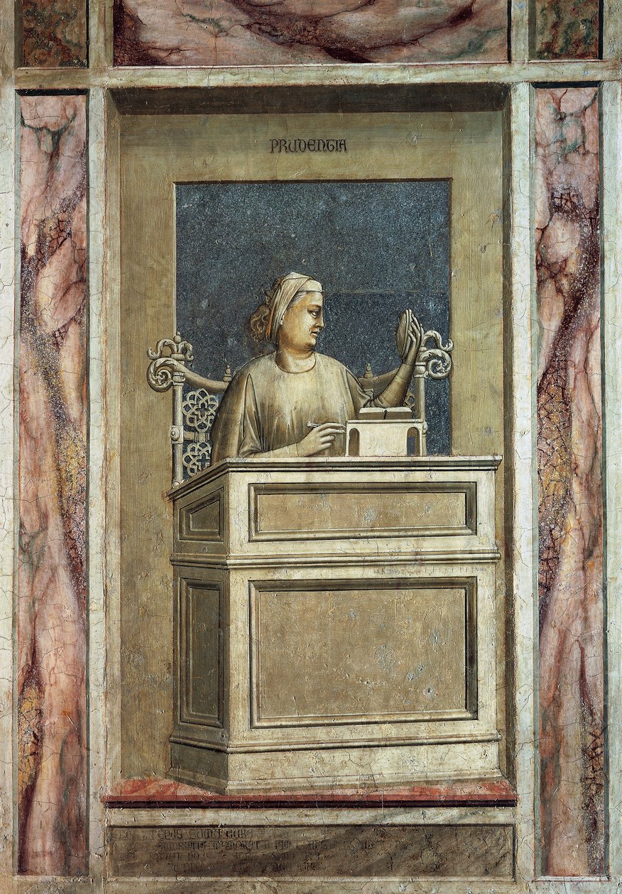 Prudencia, figura femenina sentada en un escritorio, mirando al pasado para aprender de la experiencia y leyendo un libro para obtener enseñanzas para el futuro (detalle) de Giotto (c.1266 1337)