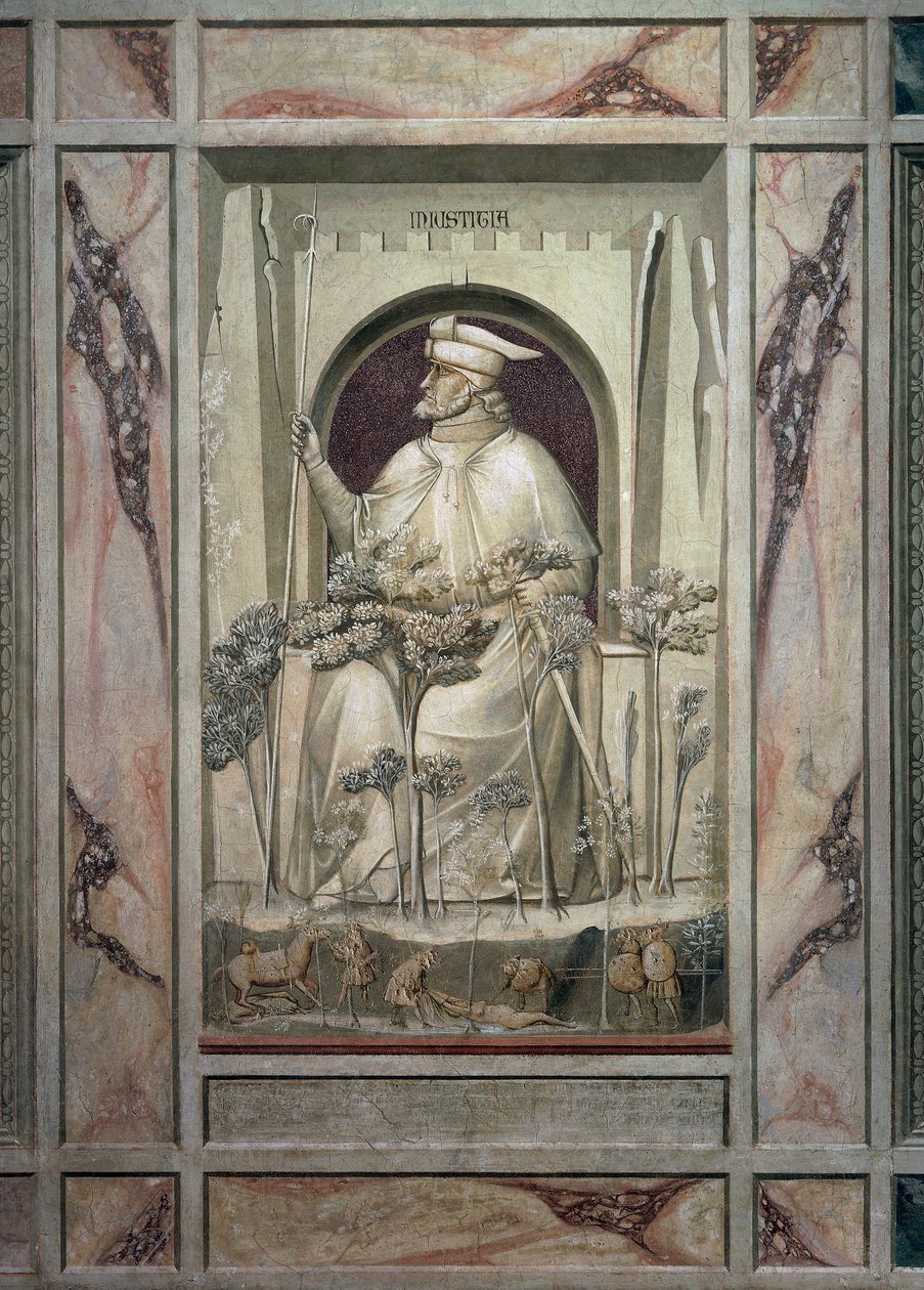 La injusticia, un anciano sosteniendo una espada en sus manos mientras ante él crecen los árboles del mal, por Giotto, detalle del ciclo de frescos Los Vicios y Virtudes, después de la restauración en 2002, Capilla Scrovegni, Padua, Véneto, Italia. de Giotto (c.1266 1337)