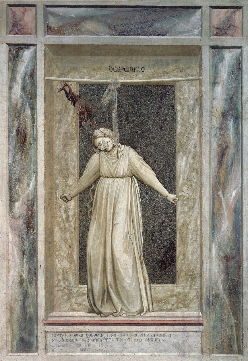 Desesperación, figura femenina ahorcándose y un diablo que la agarra del cabello, (detalle) de Giotto (c.1266 1337)