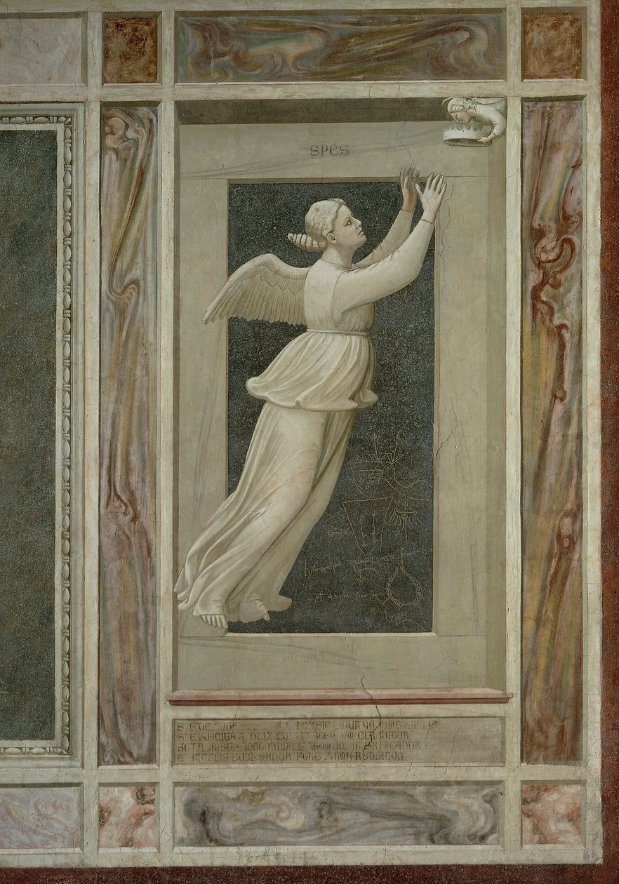 Esperanza, figura femenina alada volando hacia un ángel que la guiará al Cielo, (detalle) de Giotto (c.1266 1337)