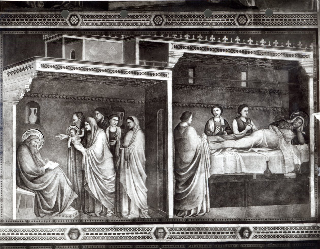 El Nacimiento de San Juan Bautista y su padre Zacarías escribiendo su nombre de Giotto di Bondone
