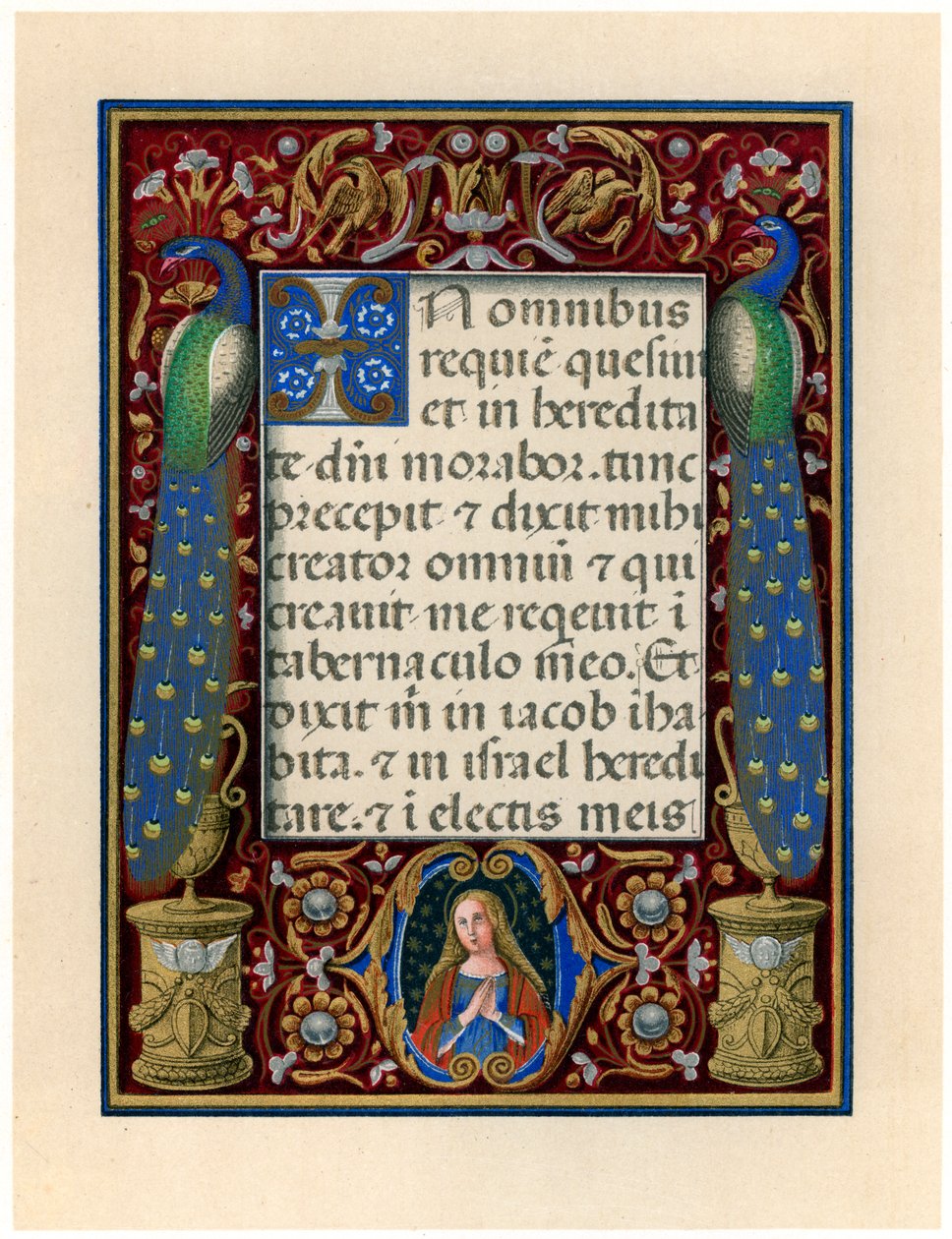 Página de texto con la Virgen y dos pavos reales, c. 1490 de Giovan Pietro Birago