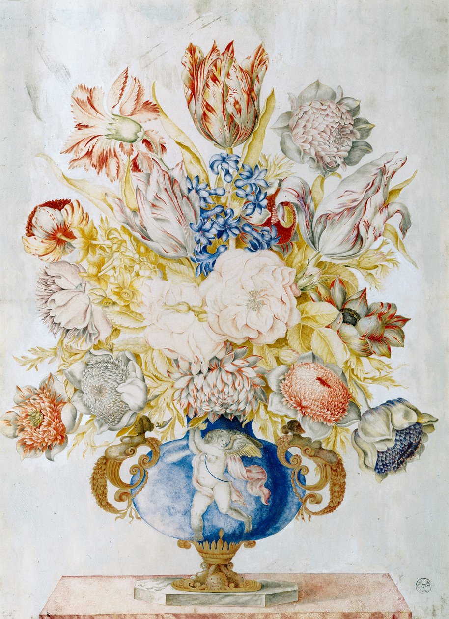 Jarrón de cristal azul profundo con un ramo de flores de Giovanna Garzoni