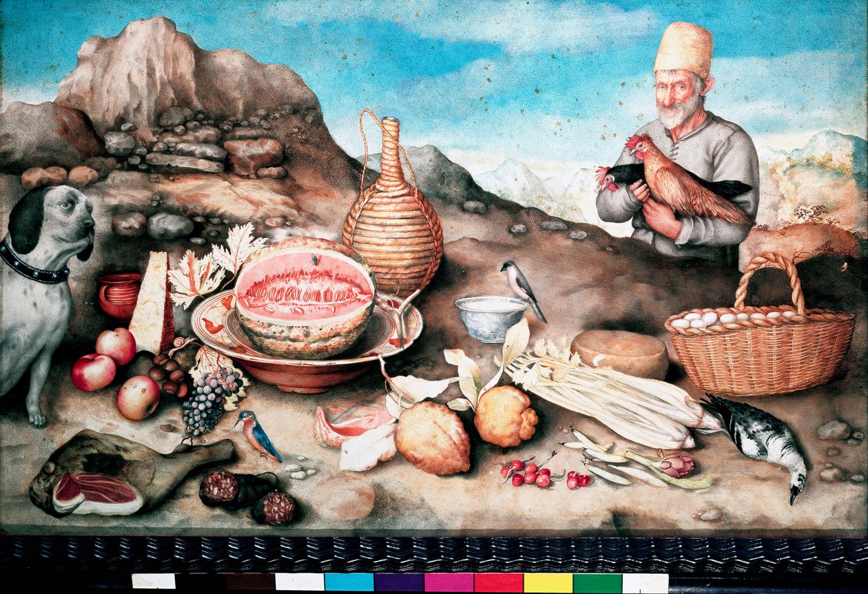 Naturaleza muerta con pescado, melón, jamón, alcachofa, apio y caza de Giovanna Garzoni
