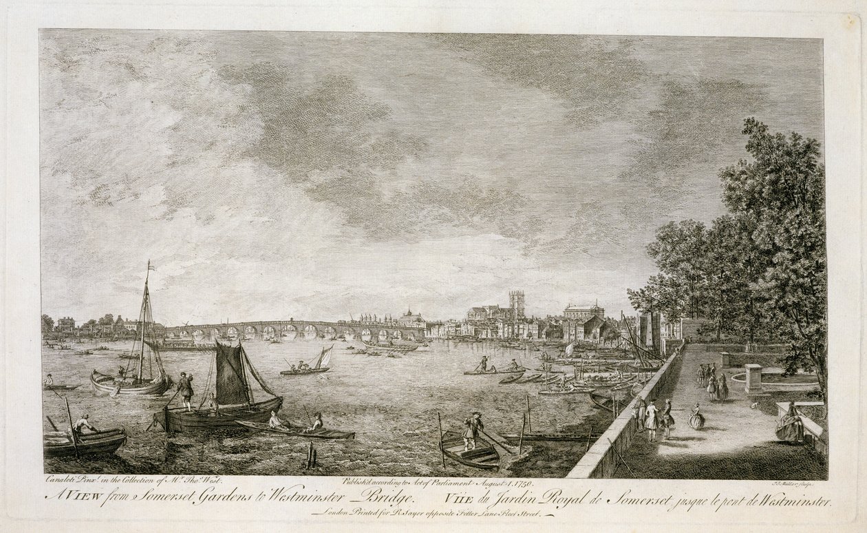 Una vista desde los Jardines de Somerset hasta el Puente de Westminster, grabado por Johann Sebastian Mueller (c.1715-92) 1750 de Giovanni Antonio Canal