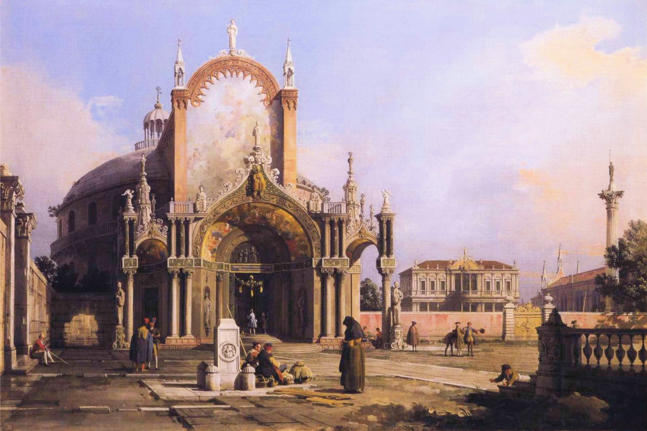 Capricho de una iglesia redonda con un pórtico gótico elaborado en una plaza, una plaza palladiana y una iglesia gótica al fondo de Giovanni Antonio Canal
