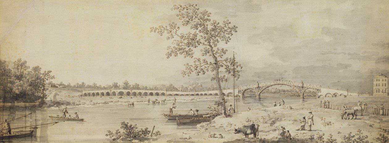 Puente viejo de Walton visto desde la orilla de Middlesex, 1755 de Giovanni Antonio Canal