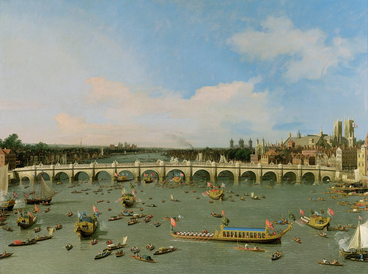 Puente de Westminster, Londres, con la procesión del alcalde en el Támesis de Giovanni Antonio Canal