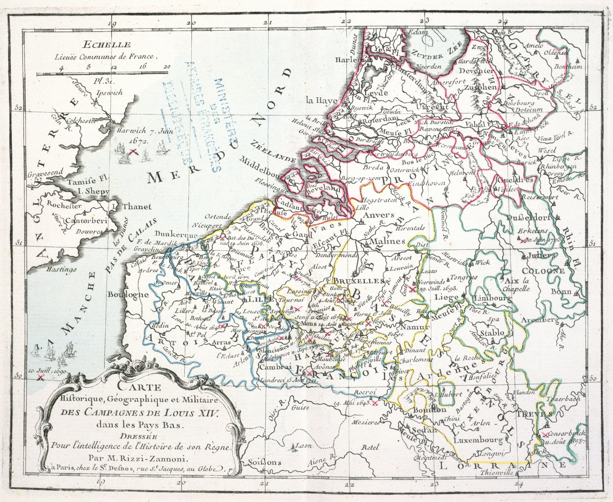 Mapa que muestra las campañas militares de Luis XIV en los Países Bajos, del Atlas geográfico y militar, publicado en París, 1763 de Giovanni Antonio Rizzi Zannoni