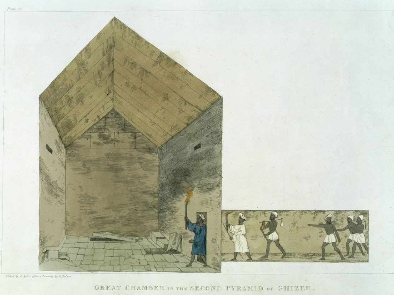La gran cámara en la segunda pirámide de Gizeh, descubierta por Giovanni Belzoni, lámina 12 de `Plates Illustrative of the Researches in Egypt and Nubia`, grabado por Augustine Aglio de Giovanni Battista Belzoni