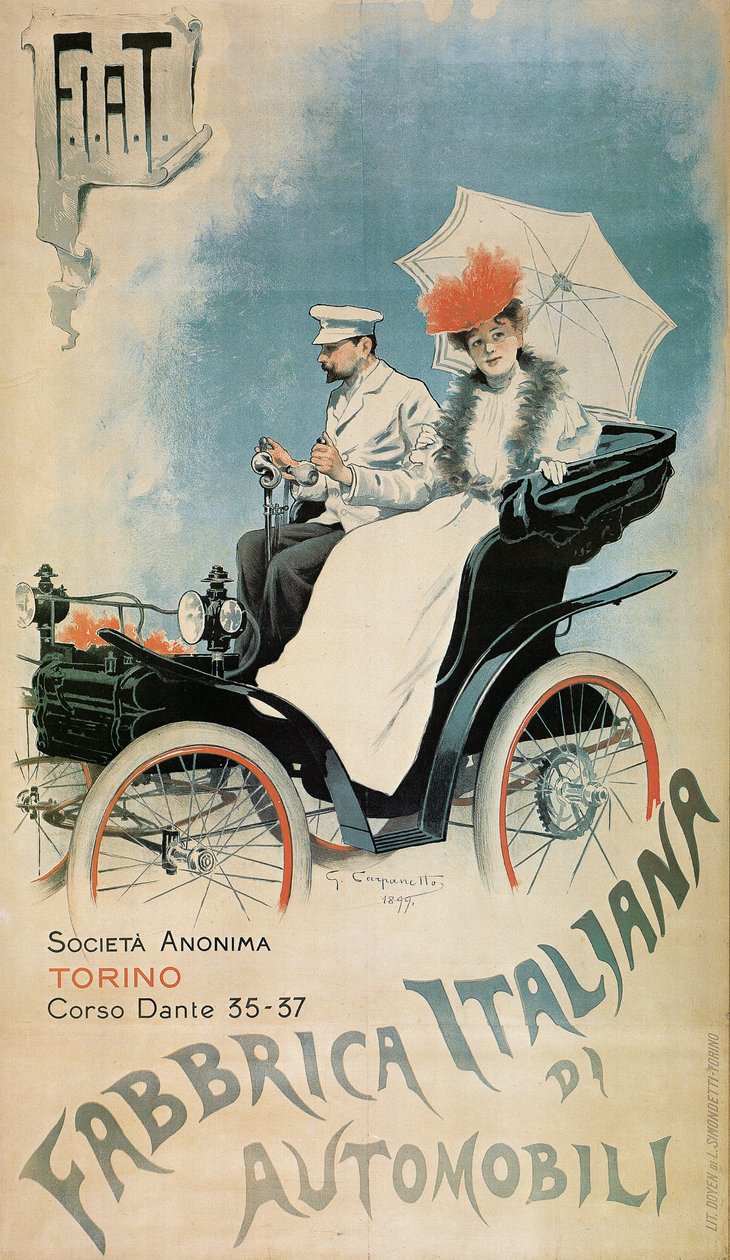 Póster publicitario de un coche FIAT temprano, 1899 de Giovanni Battista Carpanetto