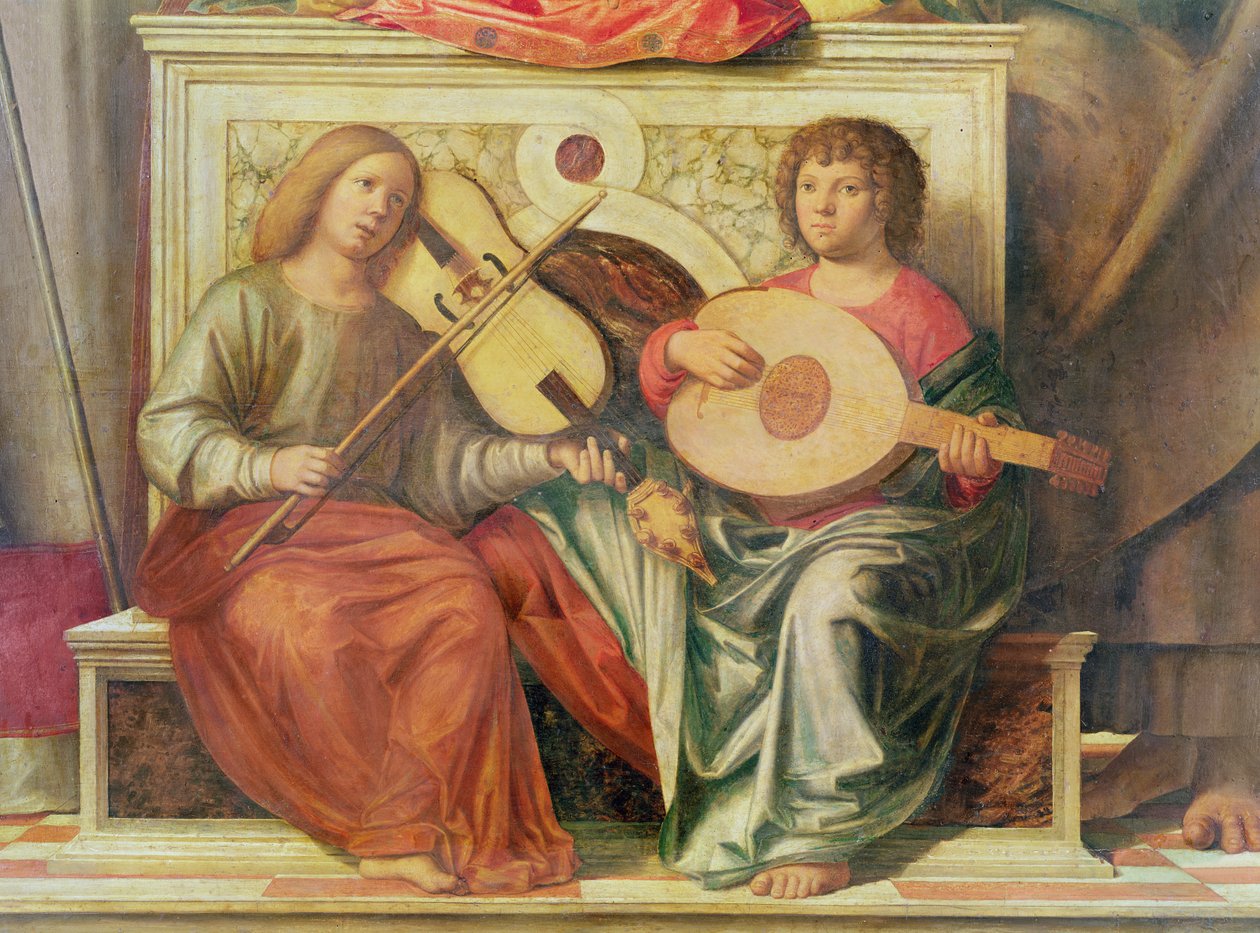 (detalle) de ángeles músicos de una pintura de la Virgen y santos de Giovanni Battista Cima da Conegliano