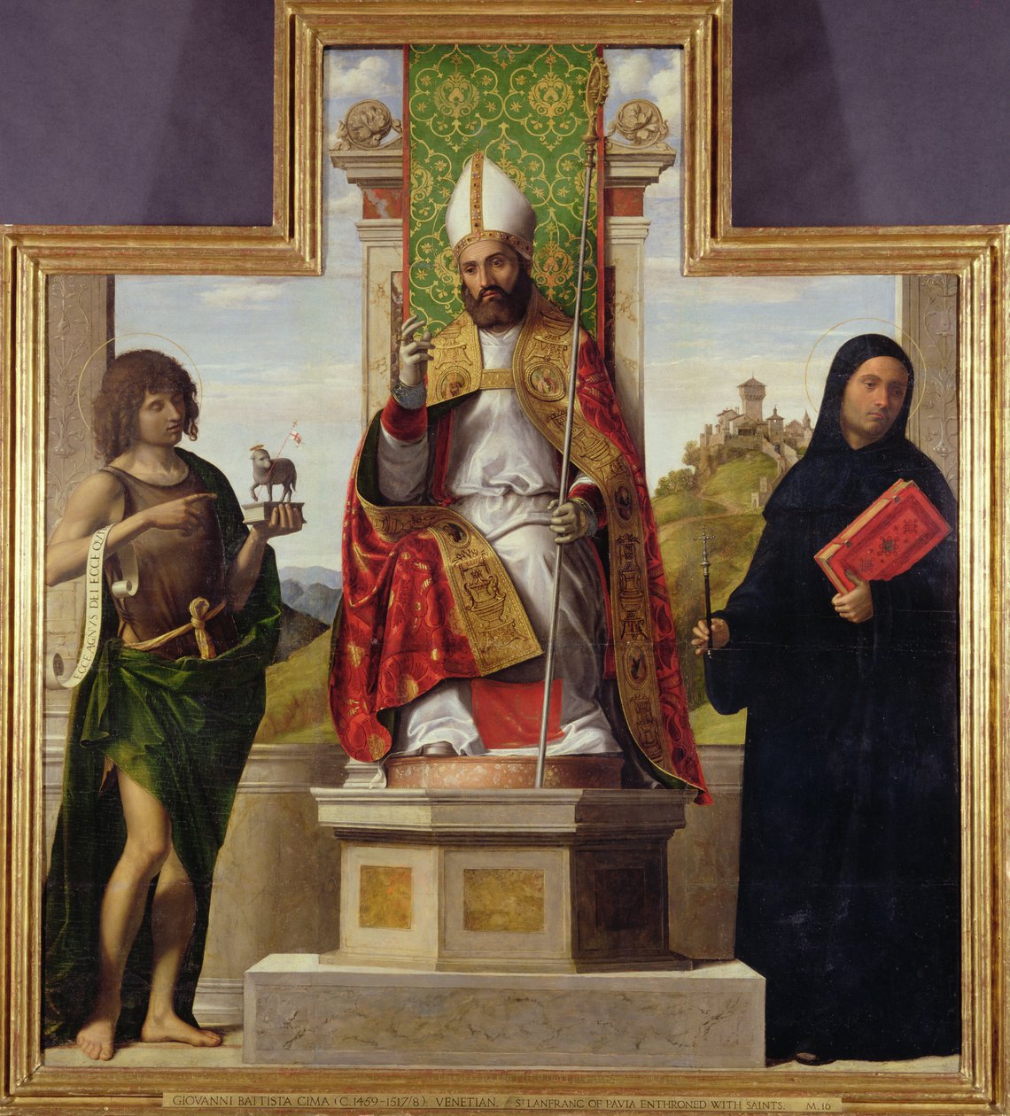 San Lanfranco de Pavía entronizado entre San Juan Bautista y San Liberio, c.1515-16 de Giovanni Battista Cima da Conegliano
