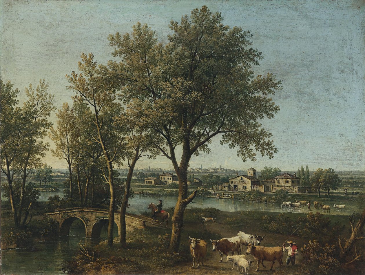 Paisaje fluvial con pastor, rebaño y jinete de Giovanni Battista Cimaroli