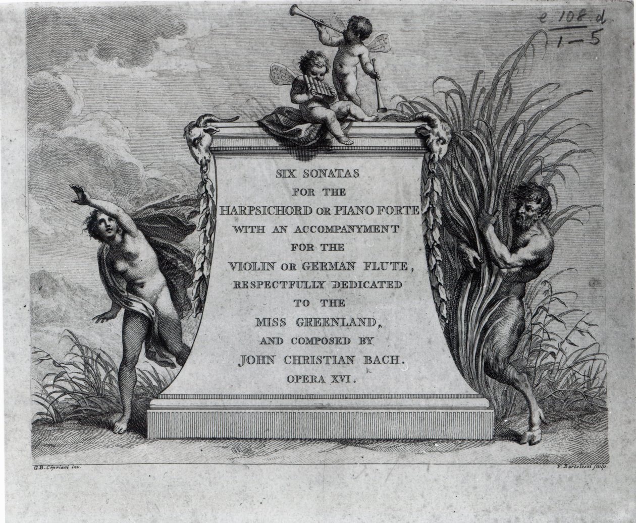 Frontispicio para seis sonatas de John Christian Bach, dedicadas a Miss Greenland, grabado por Francesco Bartolozzi de Giovanni Battista Cipriani