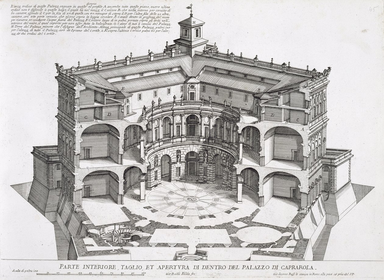 Sección transversal de Villa Caprarola, Bagnaia de Giovanni Battista Falda