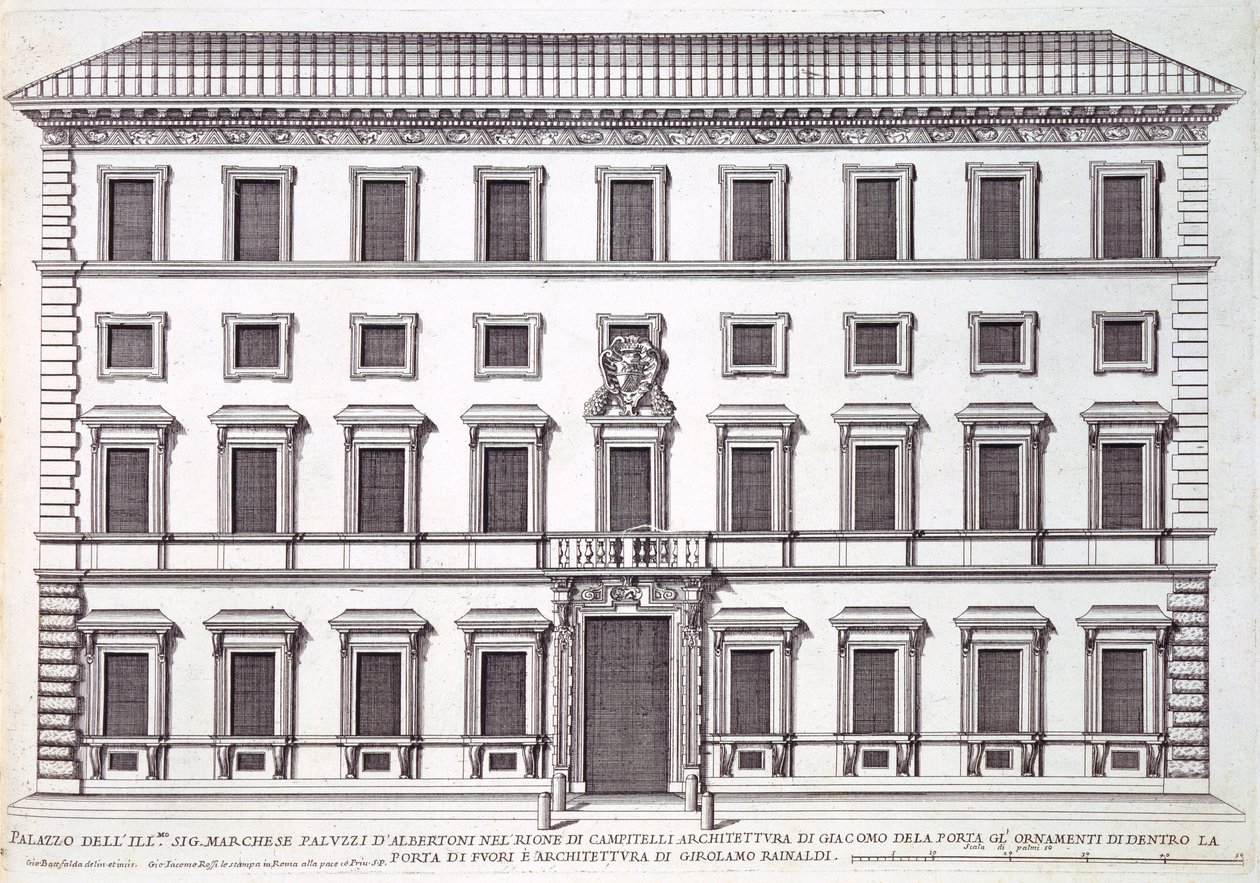 Vista de la fachada del Palazzo Marchese, Roma, diseñado por Giacomo della Porta y Girolamo Rainaldi de Giovanni Battista Falda