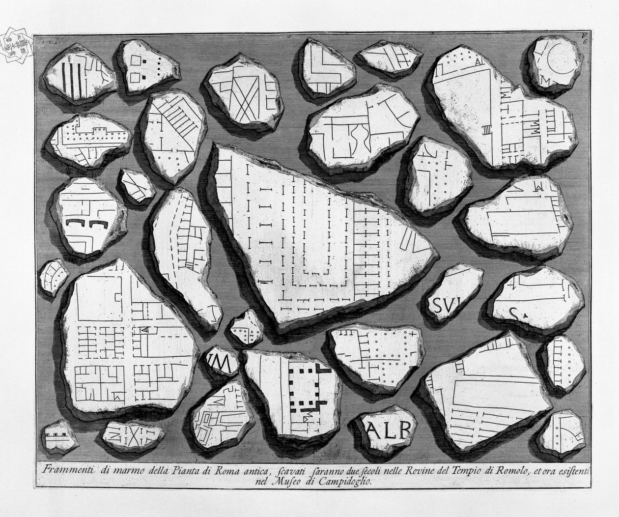 Fragmentos de mármol del Plano de la Roma antigua de Giovanni Battista Piranesi