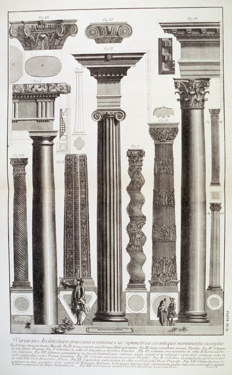 Variaciones en la arquitectura griega que representan una tabla de columnas de monumentos de la antigüedad de 