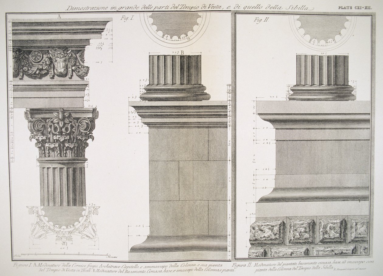 Placa CXI-XII Ilustración de la estructura de la columna del Templo de Vesta y el Templo de Sibila de 