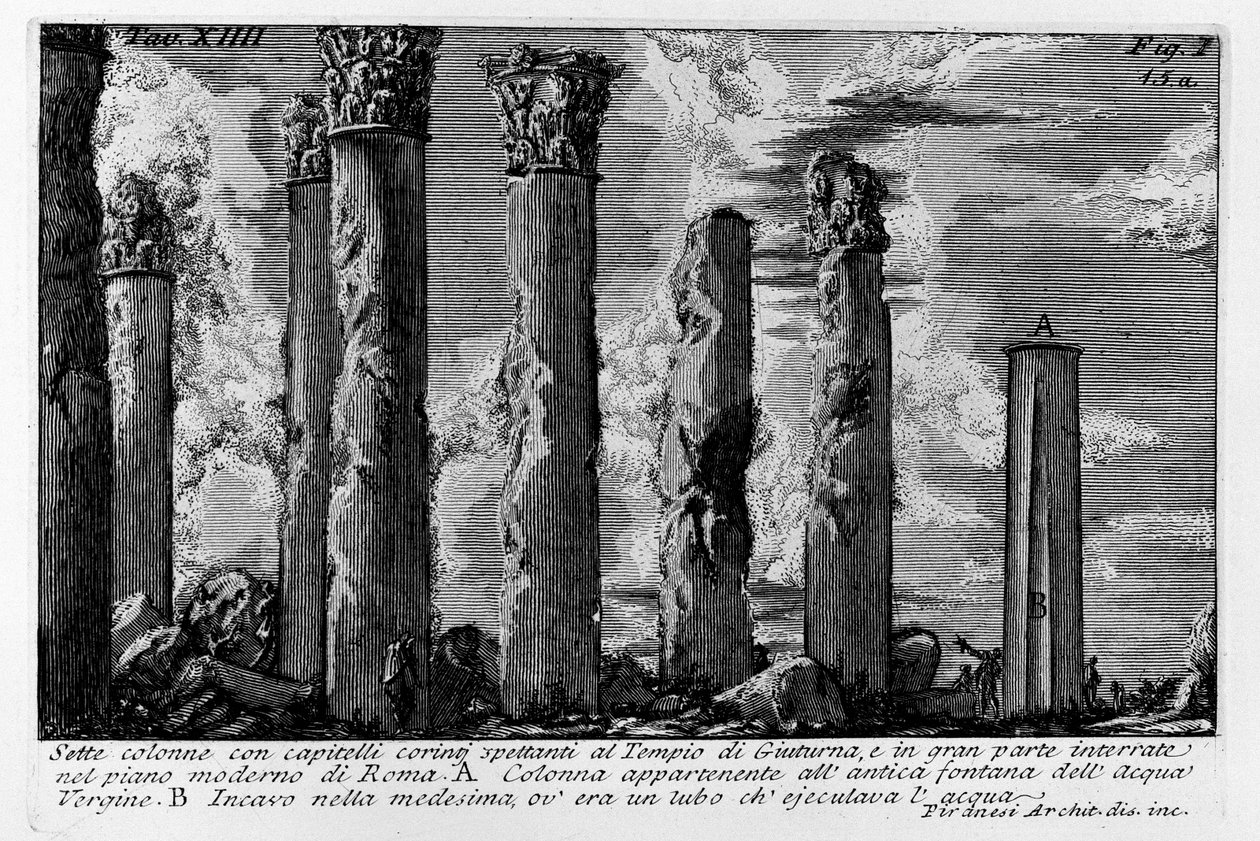 Siete columnas con capiteles corintios pertenecientes al Templo de Giuturna, y en gran parte enterradas en el plano moderno de Roma de Giovanni Battista Piranesi