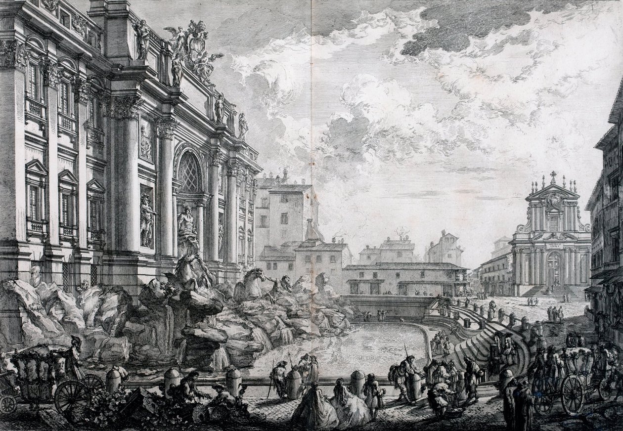 Vista lateral de la Fuente de Trevi, anteriormente el Acqua Vergine de Vedute di Roma (Vistas de Roma) de Giovanni Battista Piranesi